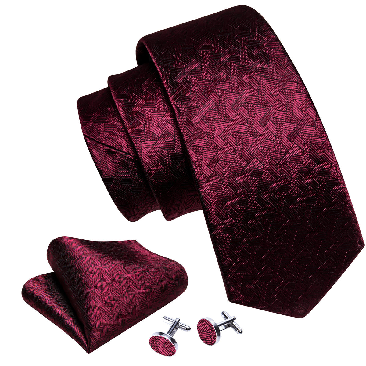 Red Burgundy Geometry Tie, Pocket Square and Cufflinks Set tie sets - Sophisticated Gentlemen