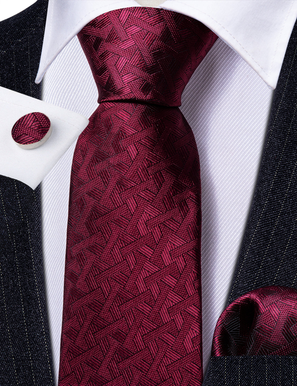 Red Burgundy Geometry Tie, Pocket Square and Cufflinks Set tie sets - Sophisticated Gentlemen