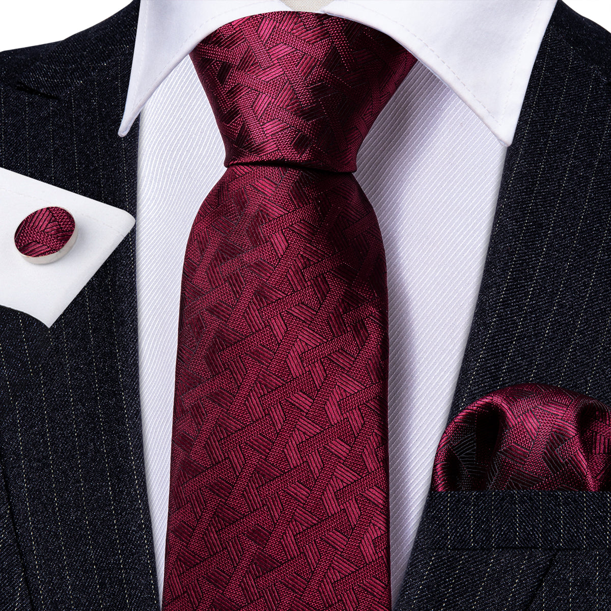 Red Burgundy Geometry Tie, Pocket Square and Cufflinks Set tie sets - Sophisticated Gentlemen