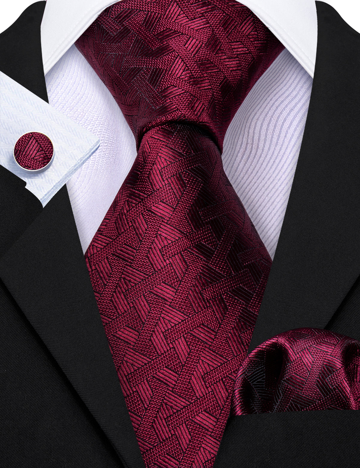 Red Burgundy Geometry Tie, Pocket Square and Cufflinks Set tie sets - Sophisticated Gentlemen