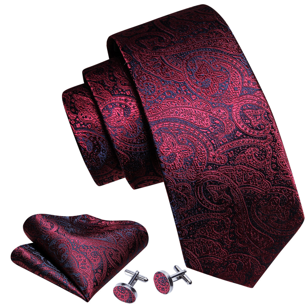Burgundy Red Blue Paisley Silk Tie, Pocket Square and Cufflinks Set tie sets - Sophisticated Gentlemen