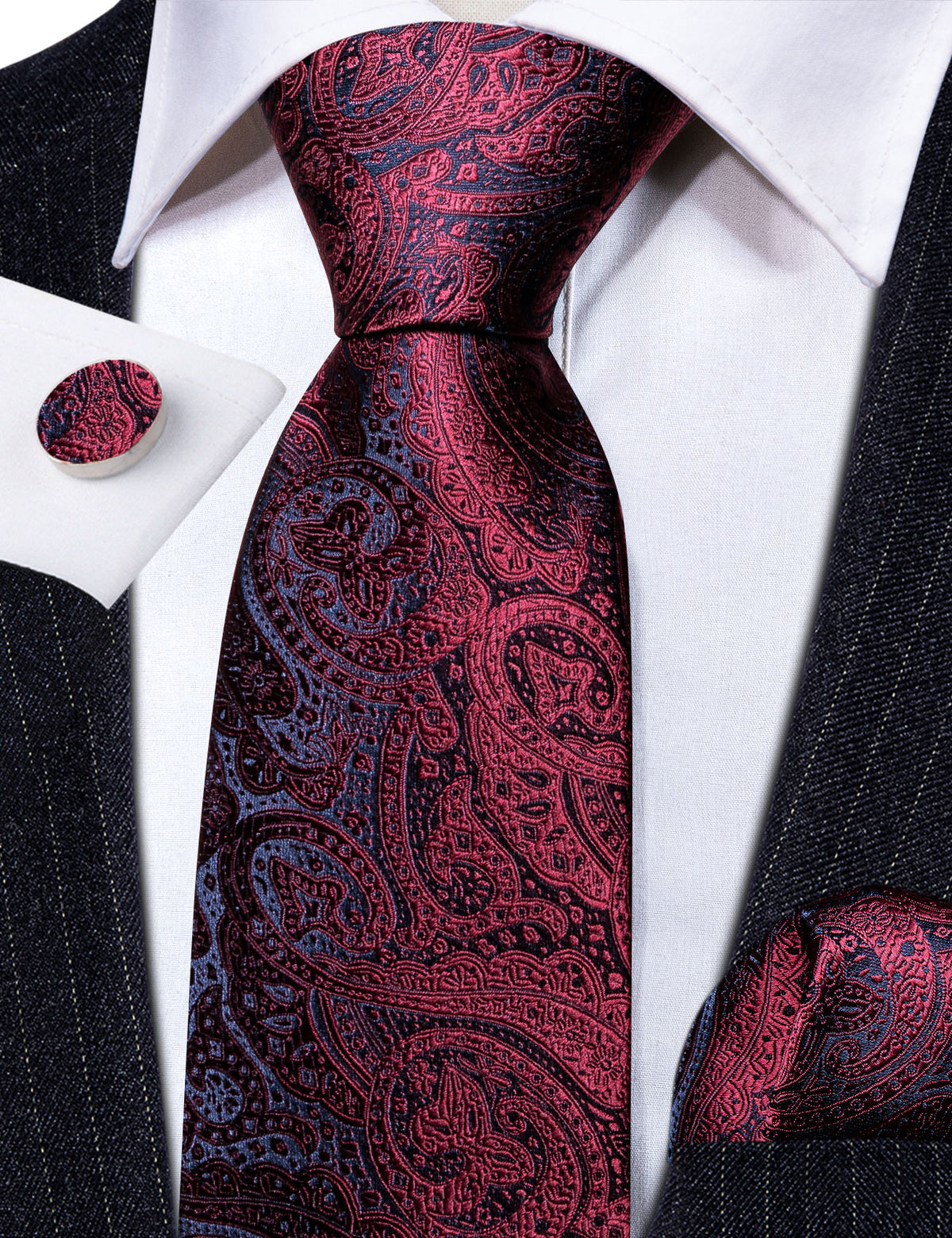 Burgundy Red Blue Paisley Silk Tie, Pocket Square and Cufflinks Set tie sets - Sophisticated Gentlemen
