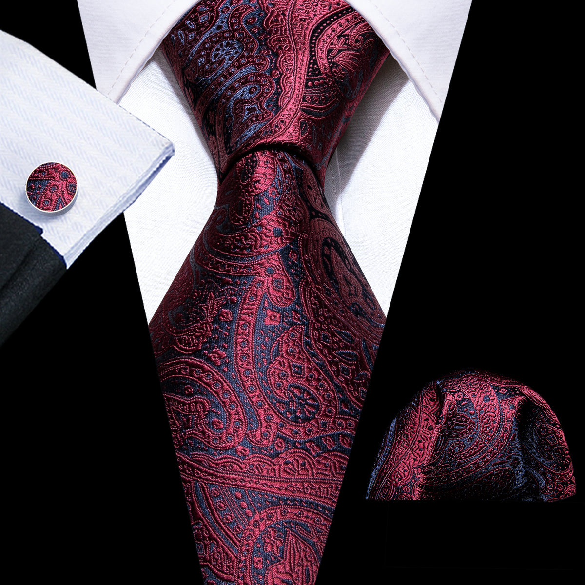 Burgundy Red Blue Paisley Silk Tie, Pocket Square and Cufflinks Set tie sets - Sophisticated Gentlemen
