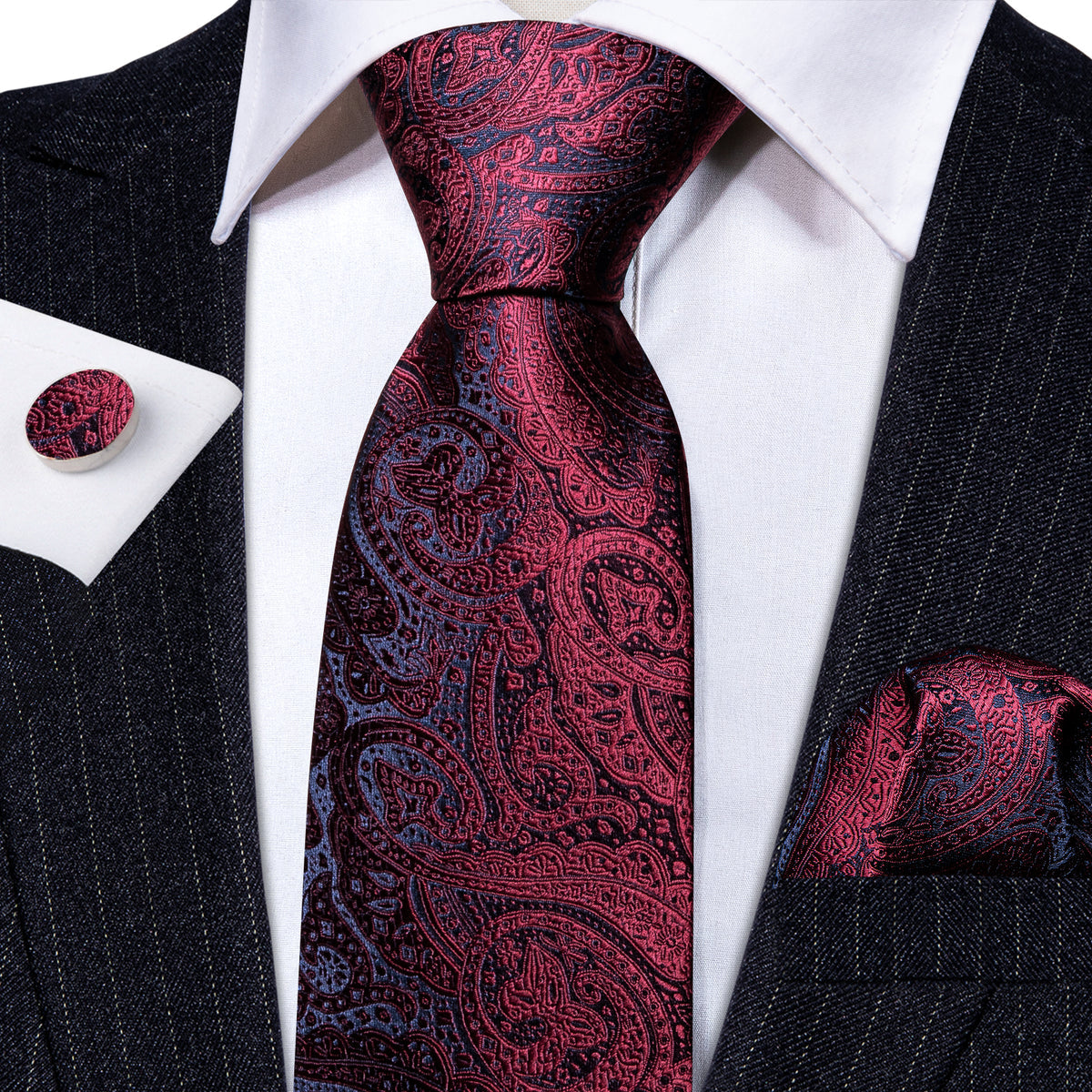 Burgundy Red Blue Paisley Silk Tie, Pocket Square and Cufflinks Set tie sets - Sophisticated Gentlemen
