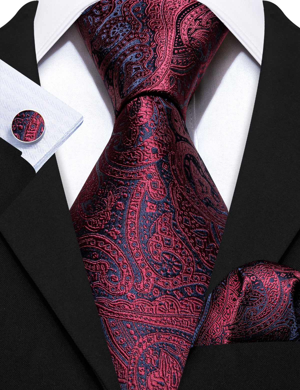 Burgundy Red Blue Paisley Silk Tie, Pocket Square and Cufflinks Set tie sets - Sophisticated Gentlemen