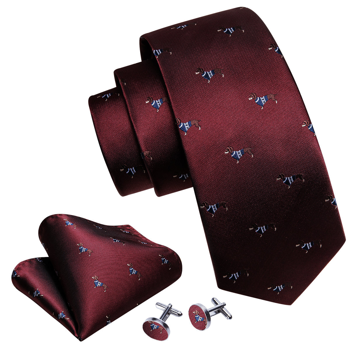 Burgundy Red Brown Dog Print Silk Tie, Pocket Square and Cufflinks Set tie sets - Sophisticated Gentlemen