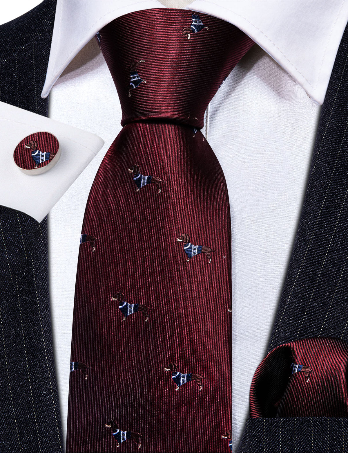 Burgundy Red Brown Dog Print Silk Tie, Pocket Square and Cufflinks Set tie sets - Sophisticated Gentlemen