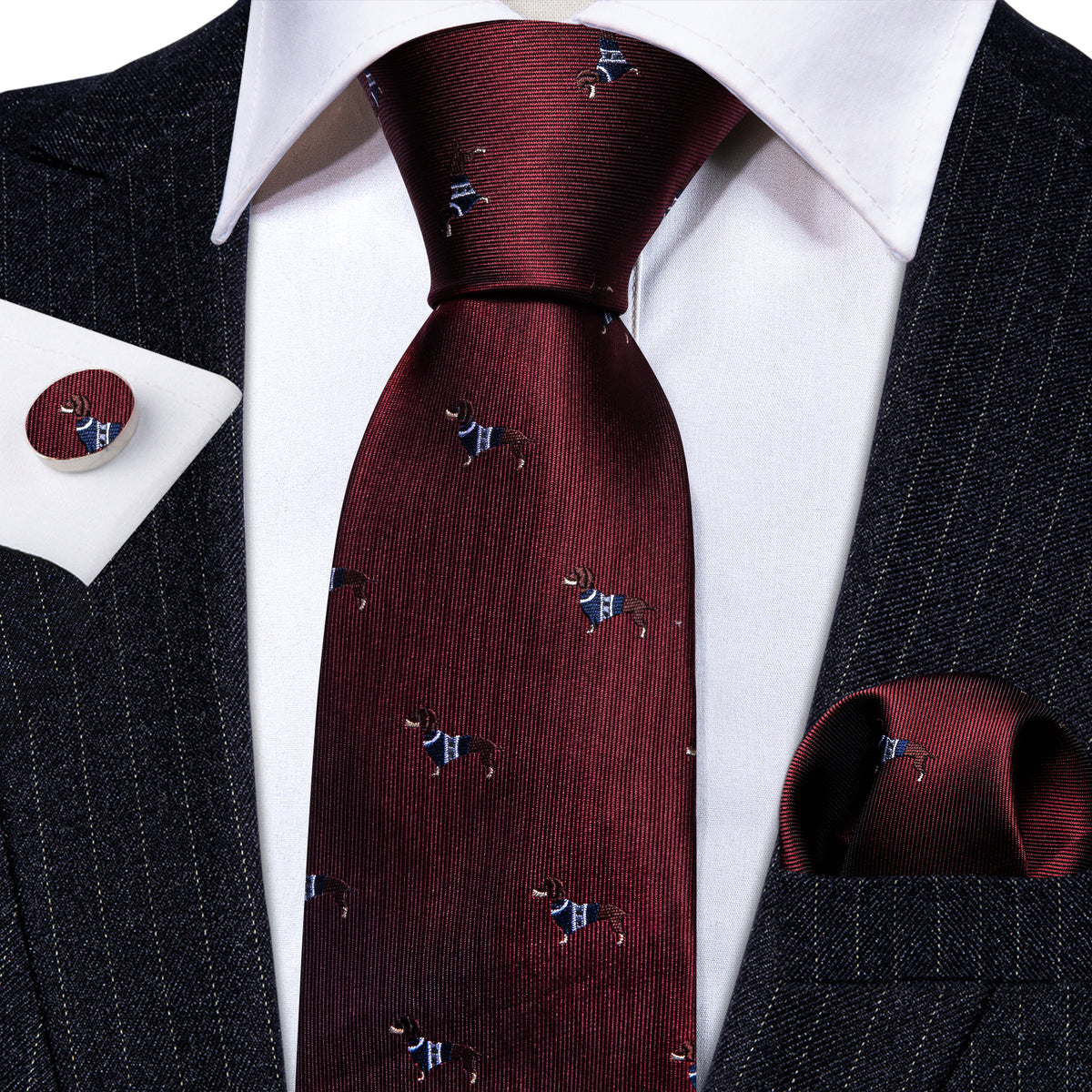 Burgundy Red Brown Dog Print Silk Tie, Pocket Square and Cufflinks Set tie sets - Sophisticated Gentlemen
