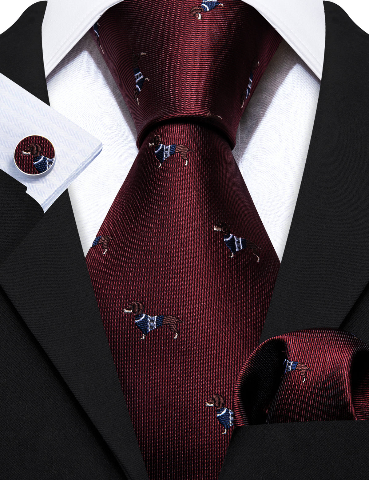 Burgundy Red Brown Dog Print Silk Tie, Pocket Square and Cufflinks Set tie sets - Sophisticated Gentlemen