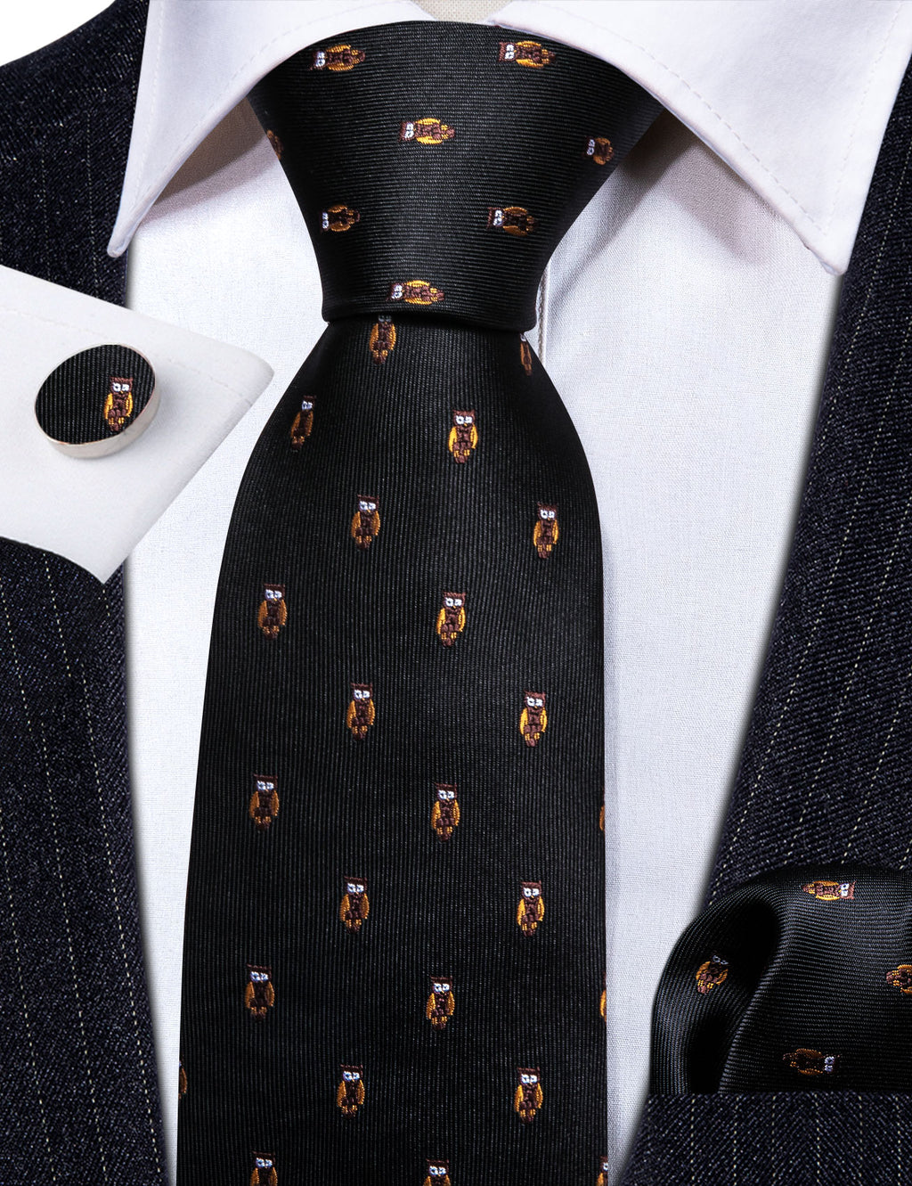 Black Brown Owl Print Silk Tie, Pocket Square and Cufflinks Set tie sets - Sophisticated Gentlemen