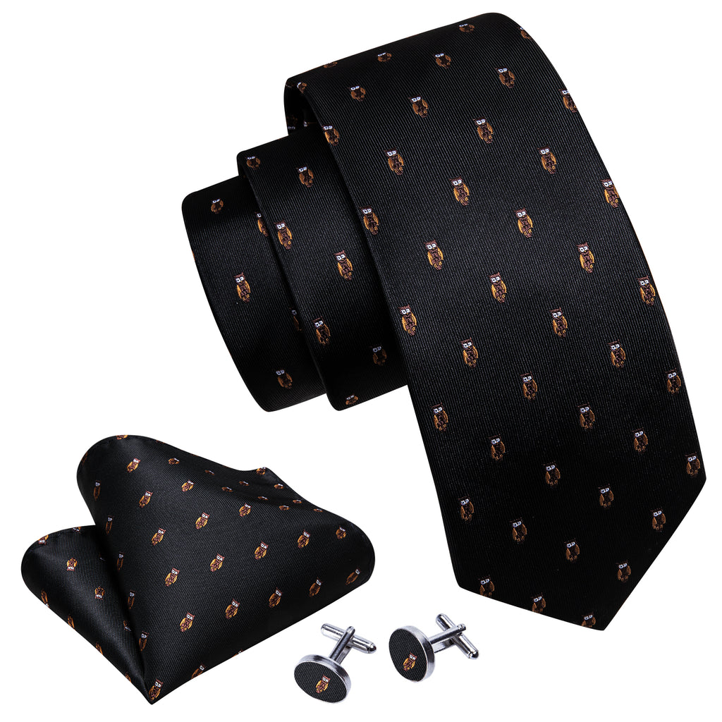 Black Brown Owl Print Silk Tie, Pocket Square and Cufflinks Set tie sets - Sophisticated Gentlemen