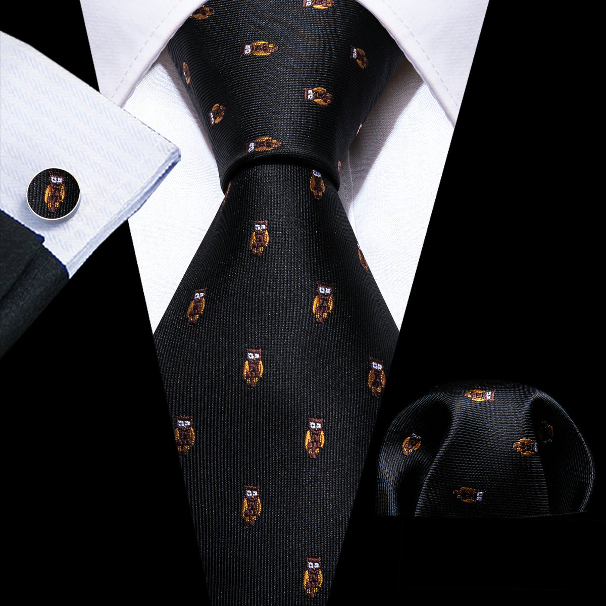 Black Brown Owl Print Silk Tie, Pocket Square and Cufflinks Set tie sets - Sophisticated Gentlemen