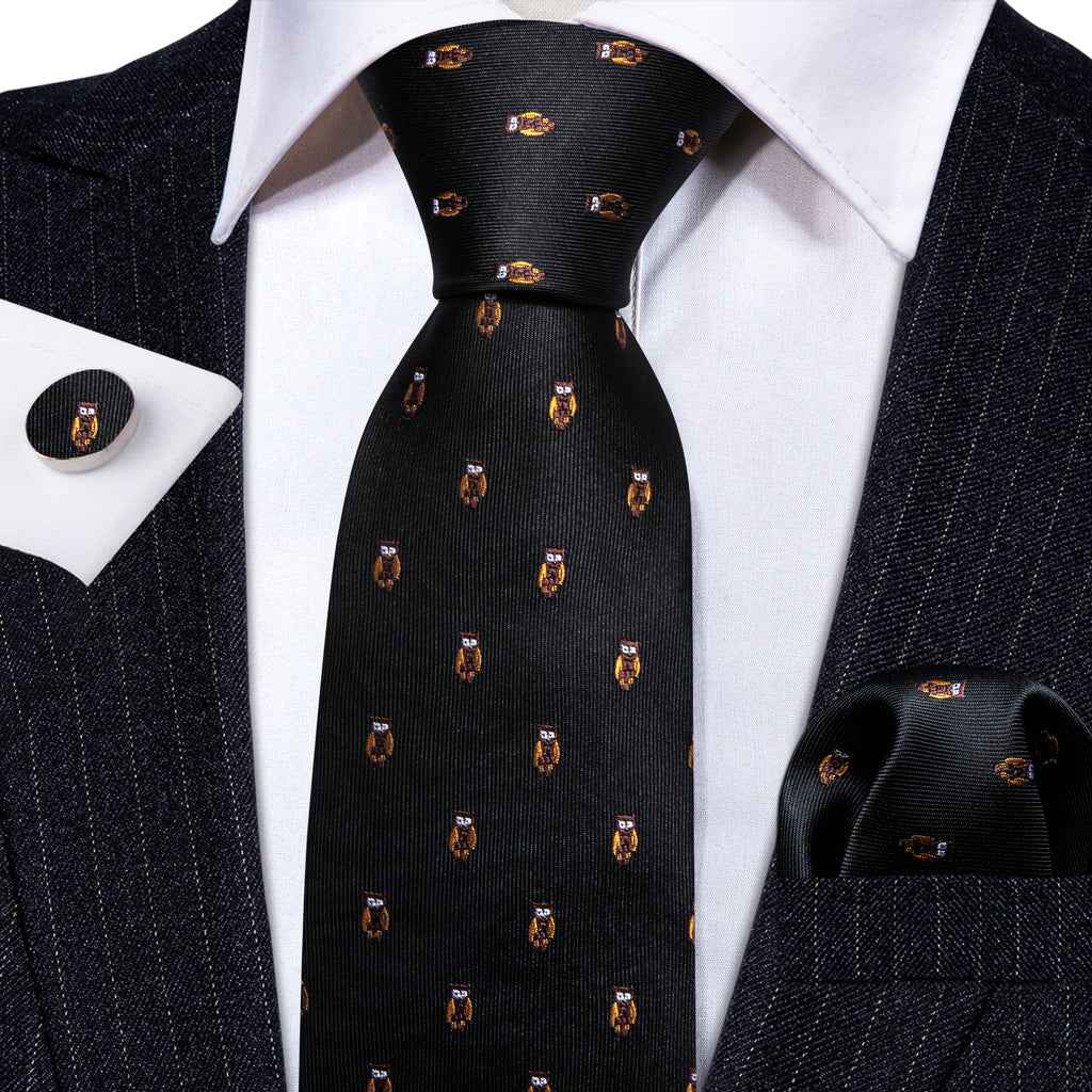 Black Brown Owl Print Silk Tie, Pocket Square and Cufflinks Set tie sets - Sophisticated Gentlemen