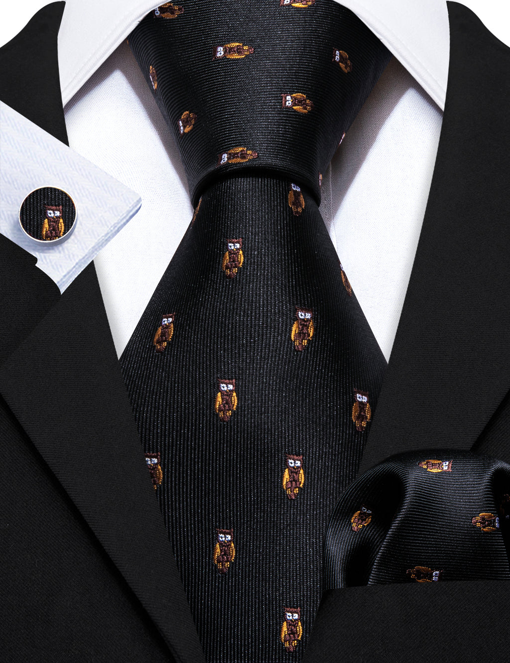 Black Brown Owl Print Silk Tie, Pocket Square and Cufflinks Set tie sets - Sophisticated Gentlemen