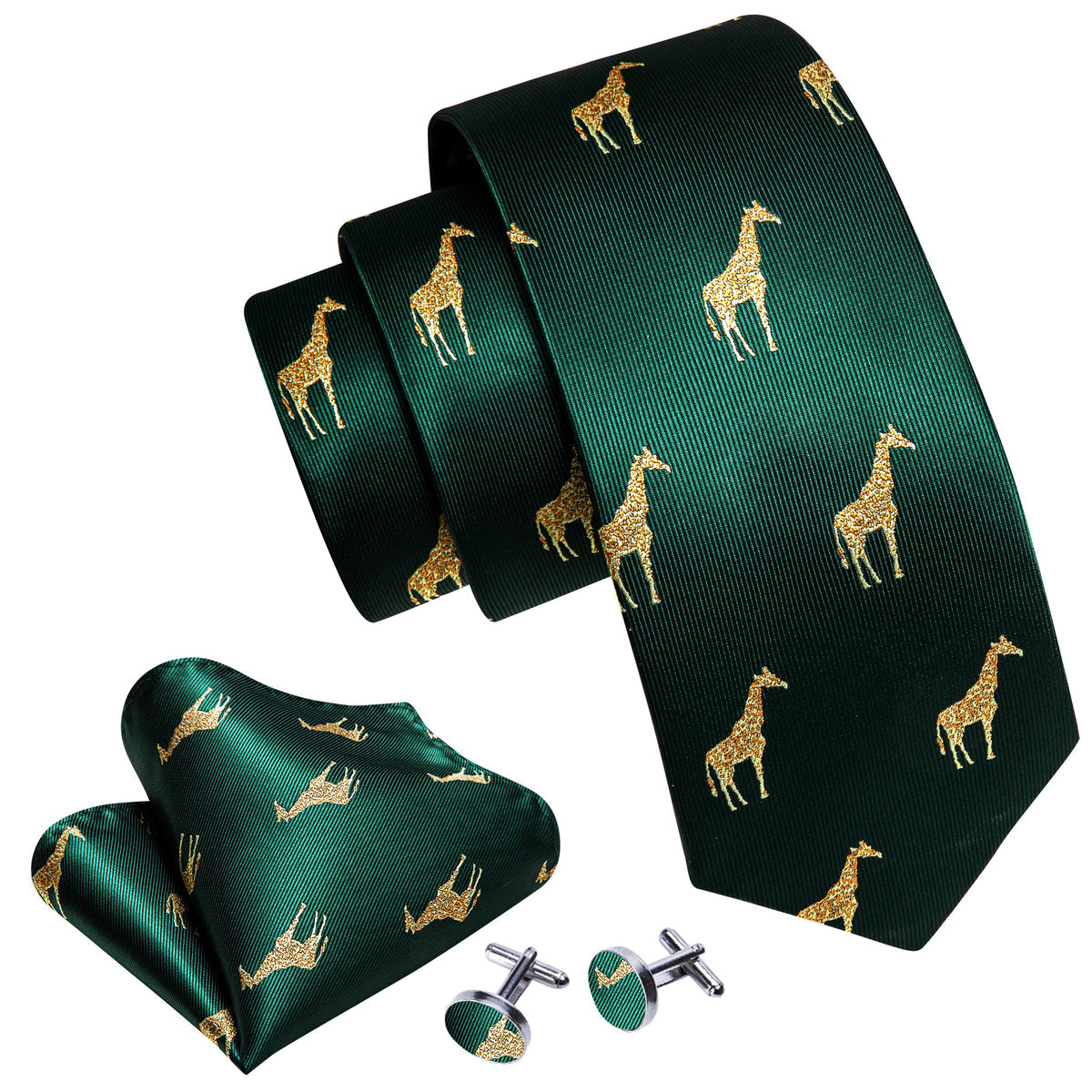 Green Gold Giraffe Print Silk Tie, Pocket Square and Cufflinks Set tie sets - Sophisticated Gentlemen
