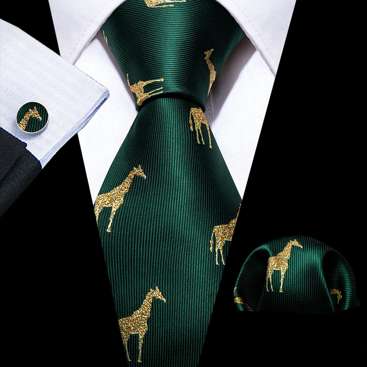 Green Gold Giraffe Print Silk Tie, Pocket Square and Cufflinks Set tie sets - Sophisticated Gentlemen