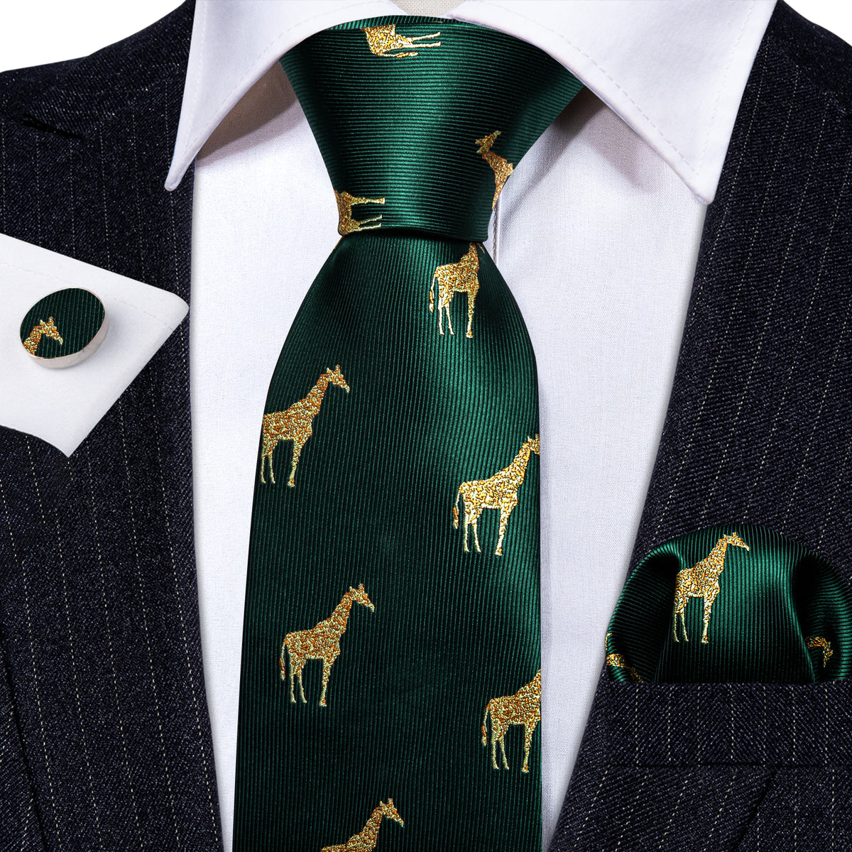 Green Gold Giraffe Print Silk Tie, Pocket Square and Cufflinks Set tie sets - Sophisticated Gentlemen