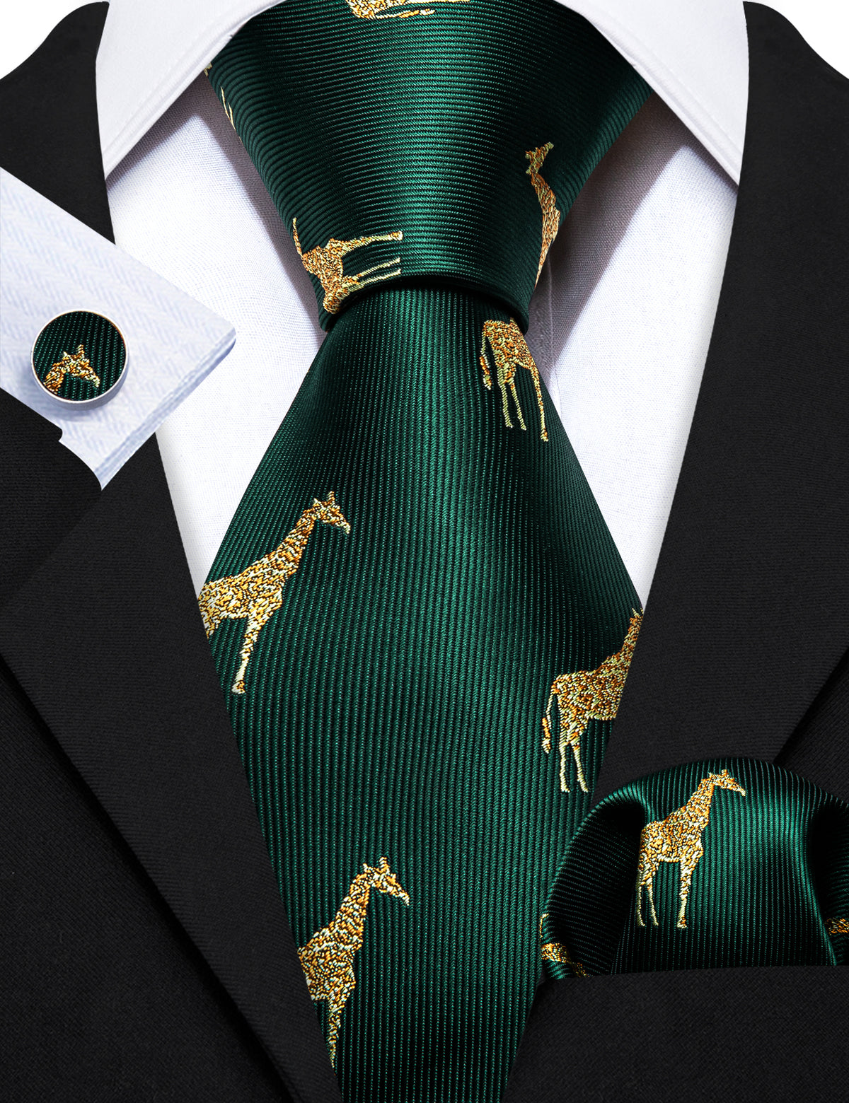 Green Gold Giraffe Print Silk Tie, Pocket Square and Cufflinks Set tie sets - Sophisticated Gentlemen