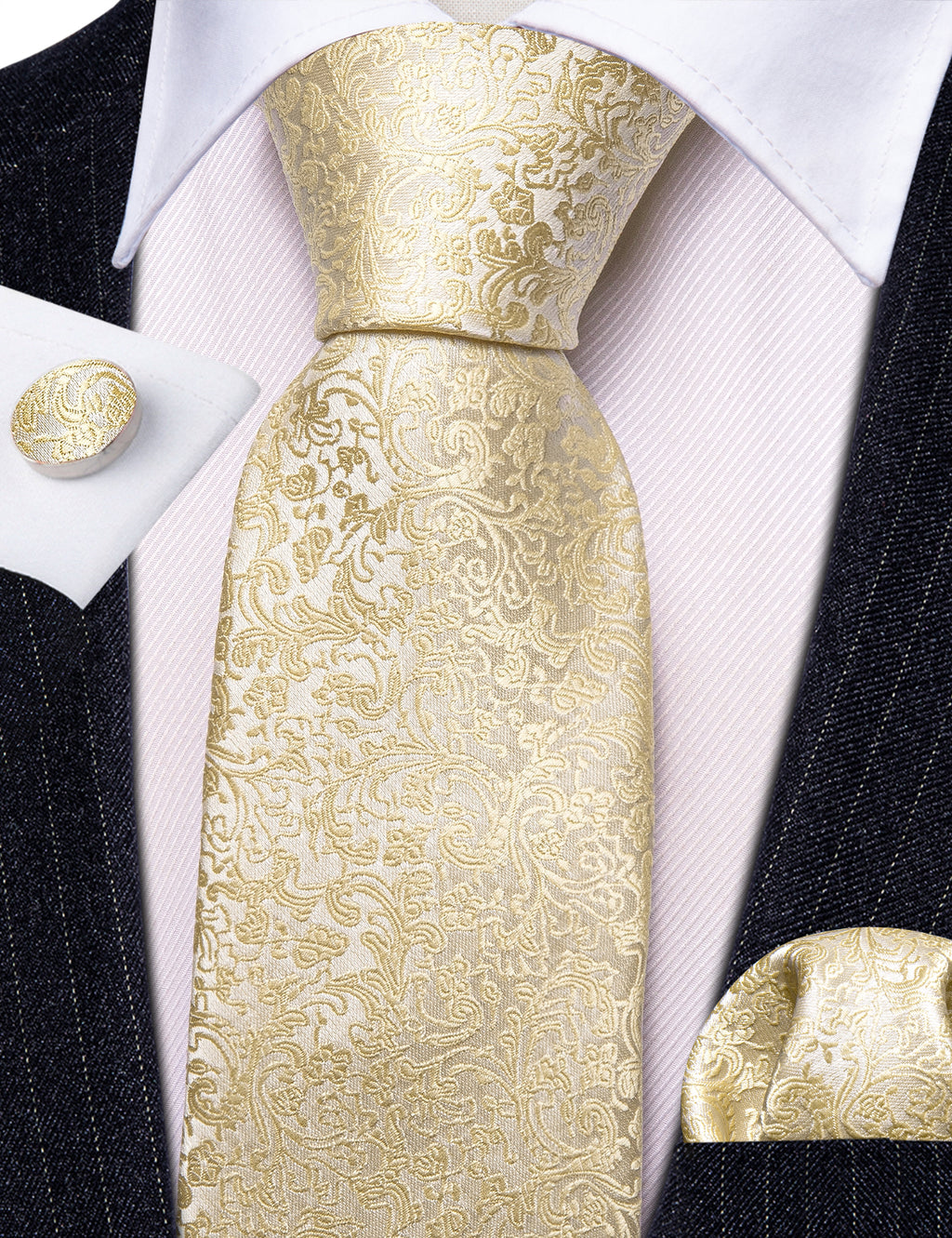 Light Yellow Floral Paisley Tie, Pocket Square and Cufflinks Set tie sets - Sophisticated Gentlemen
