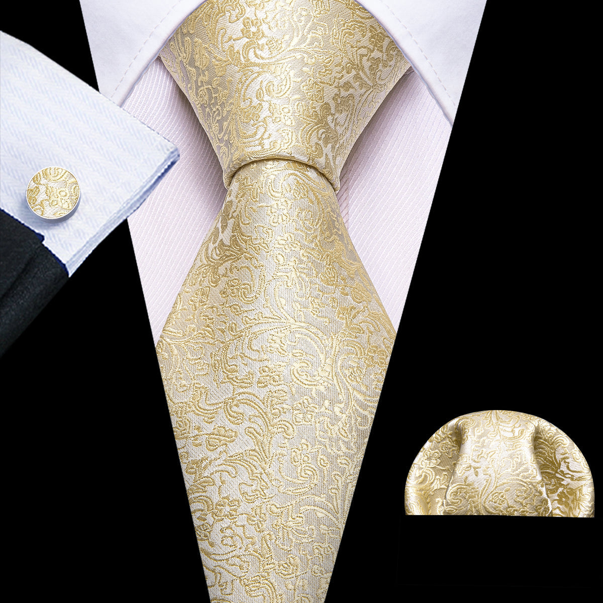 Light Yellow Floral Paisley Tie, Pocket Square and Cufflinks Set tie sets - Sophisticated Gentlemen