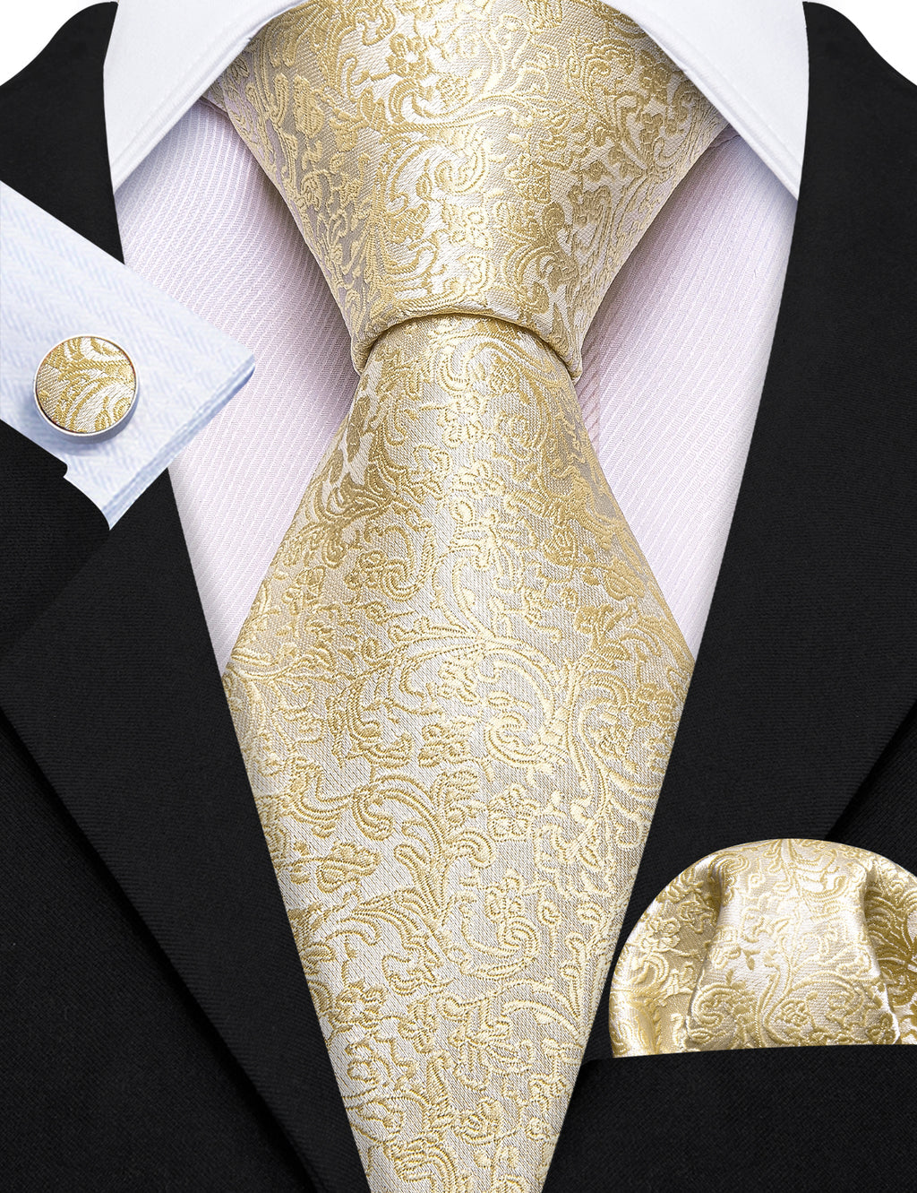 Light Yellow Floral Paisley Tie, Pocket Square and Cufflinks Set tie sets - Sophisticated Gentlemen