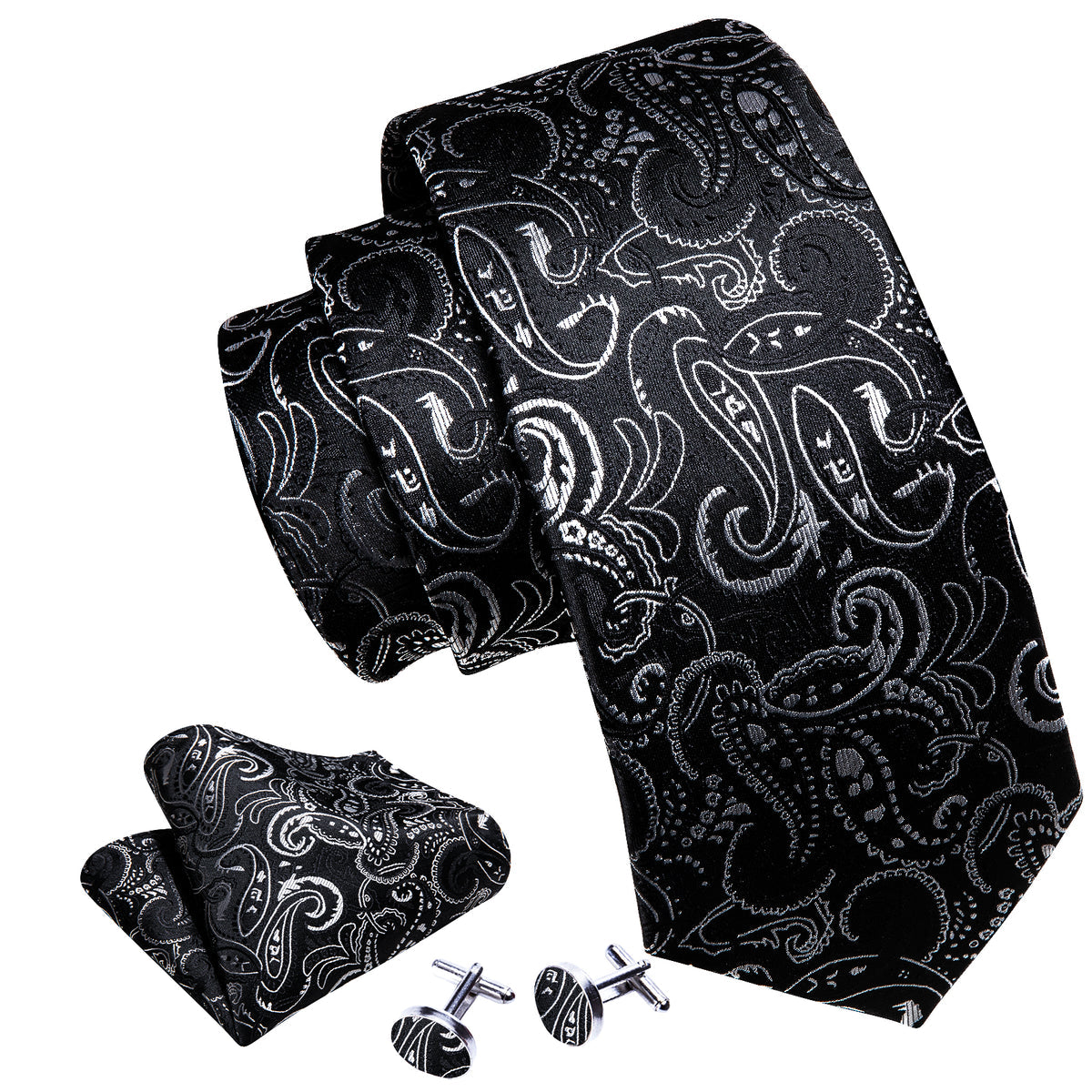 Black White Floral Paisley Silk Tie, Pocket Square and Cufflinks Set tie sets - Sophisticated Gentlemen