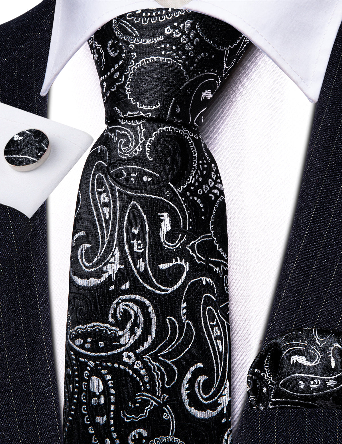 Black White Floral Paisley Silk Tie, Pocket Square and Cufflinks Set tie sets - Sophisticated Gentlemen