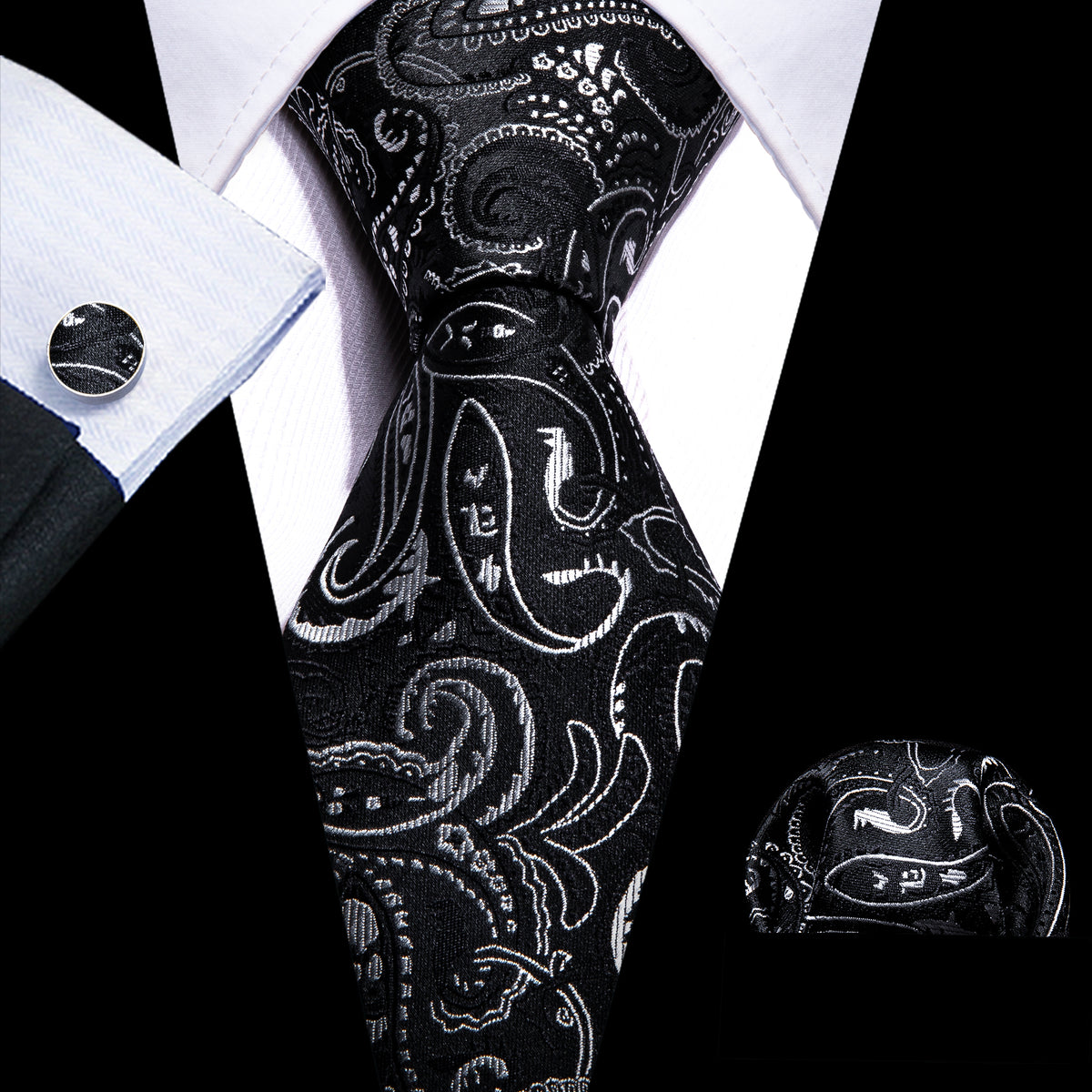 Black White Floral Paisley Silk Tie, Pocket Square and Cufflinks Set tie sets - Sophisticated Gentlemen