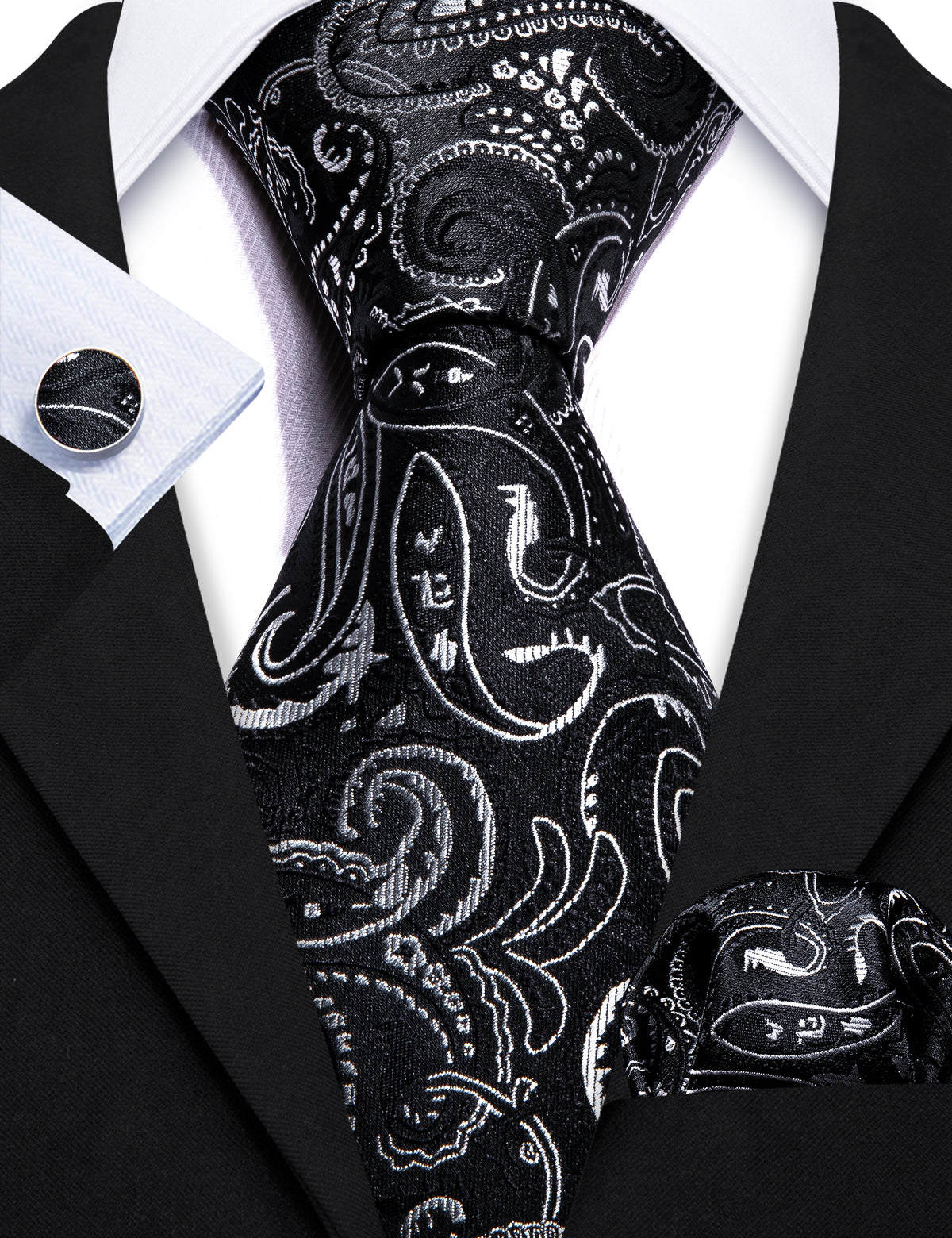 Black White Floral Paisley Silk Tie, Pocket Square and Cufflinks Set tie sets - Sophisticated Gentlemen