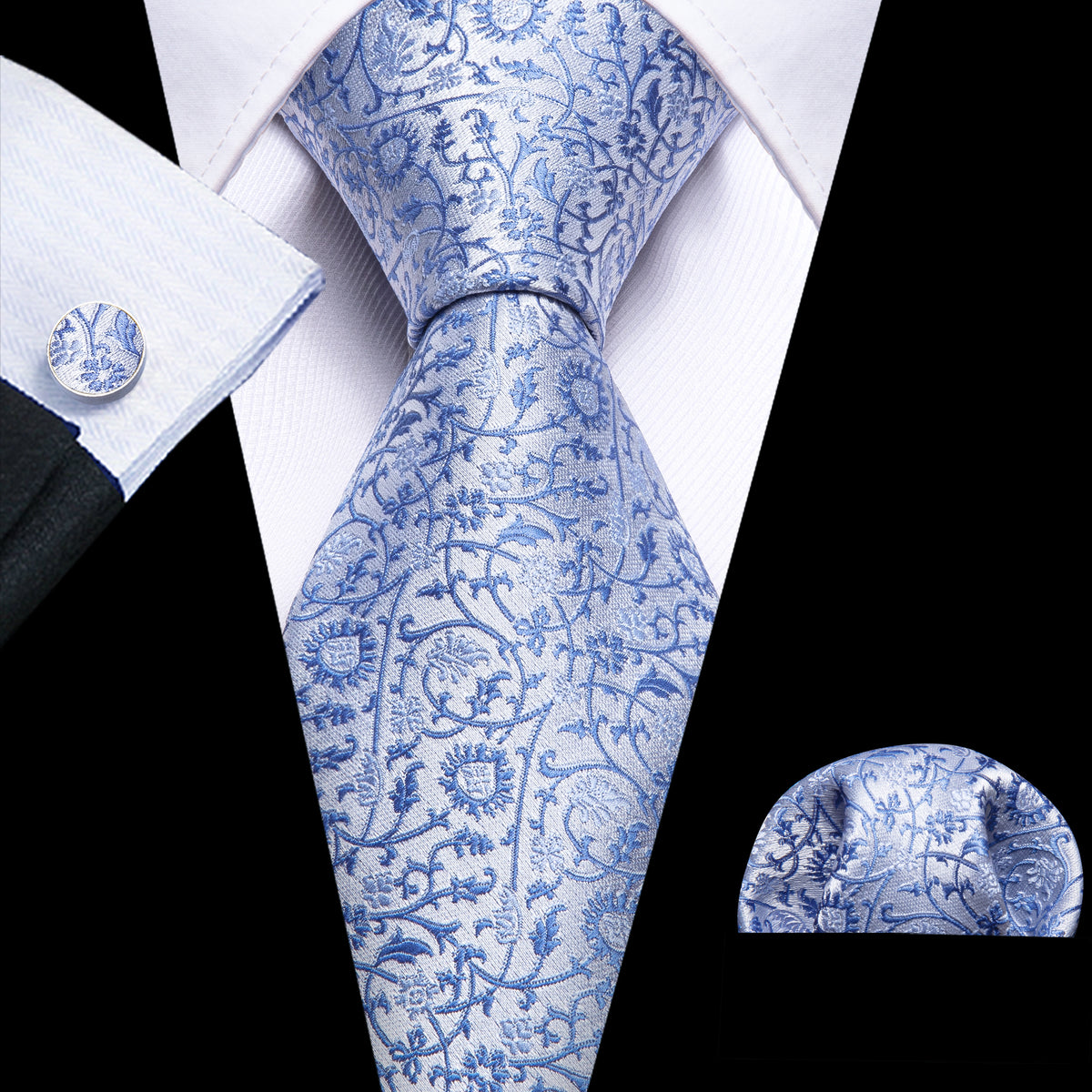 Blue White Paisley Tie, Pocket Square and Cufflinks Set tie sets - Sophisticated Gentlemen