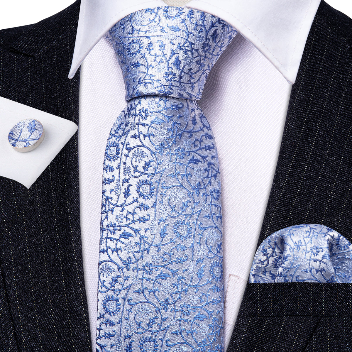 Blue White Paisley Tie, Pocket Square and Cufflinks Set tie sets - Sophisticated Gentlemen