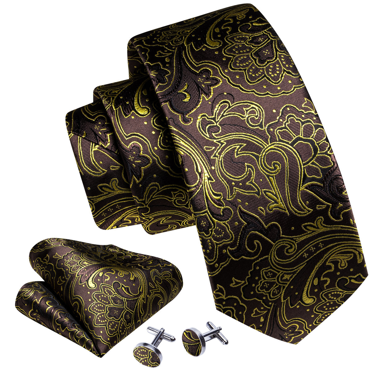 Brown Gold Paisley Tie, Pocket Square and Cufflinks Set tie sets - Sophisticated Gentlemen