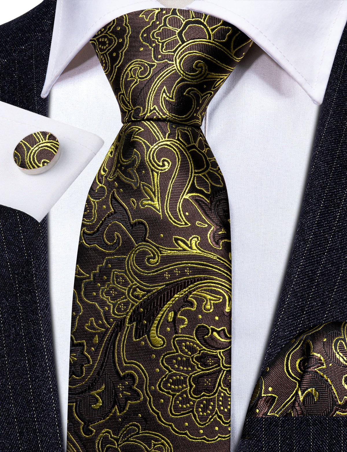 Brown Gold Paisley Tie, Pocket Square and Cufflinks Set tie sets - Sophisticated Gentlemen
