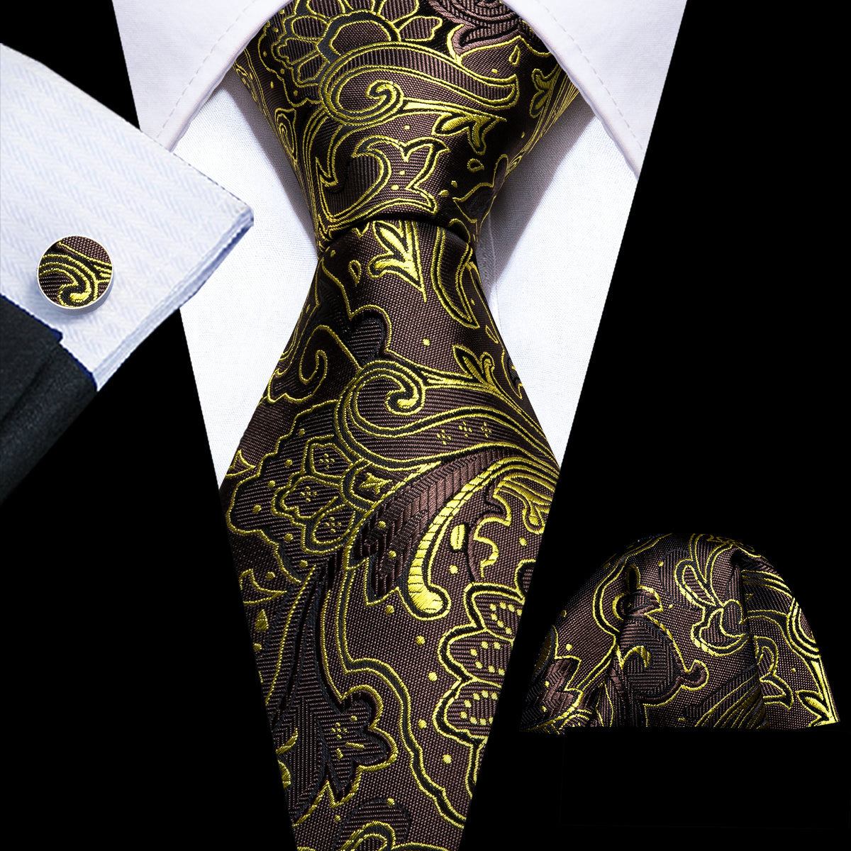 Brown Gold Paisley Tie, Pocket Square and Cufflinks Set tie sets - Sophisticated Gentlemen