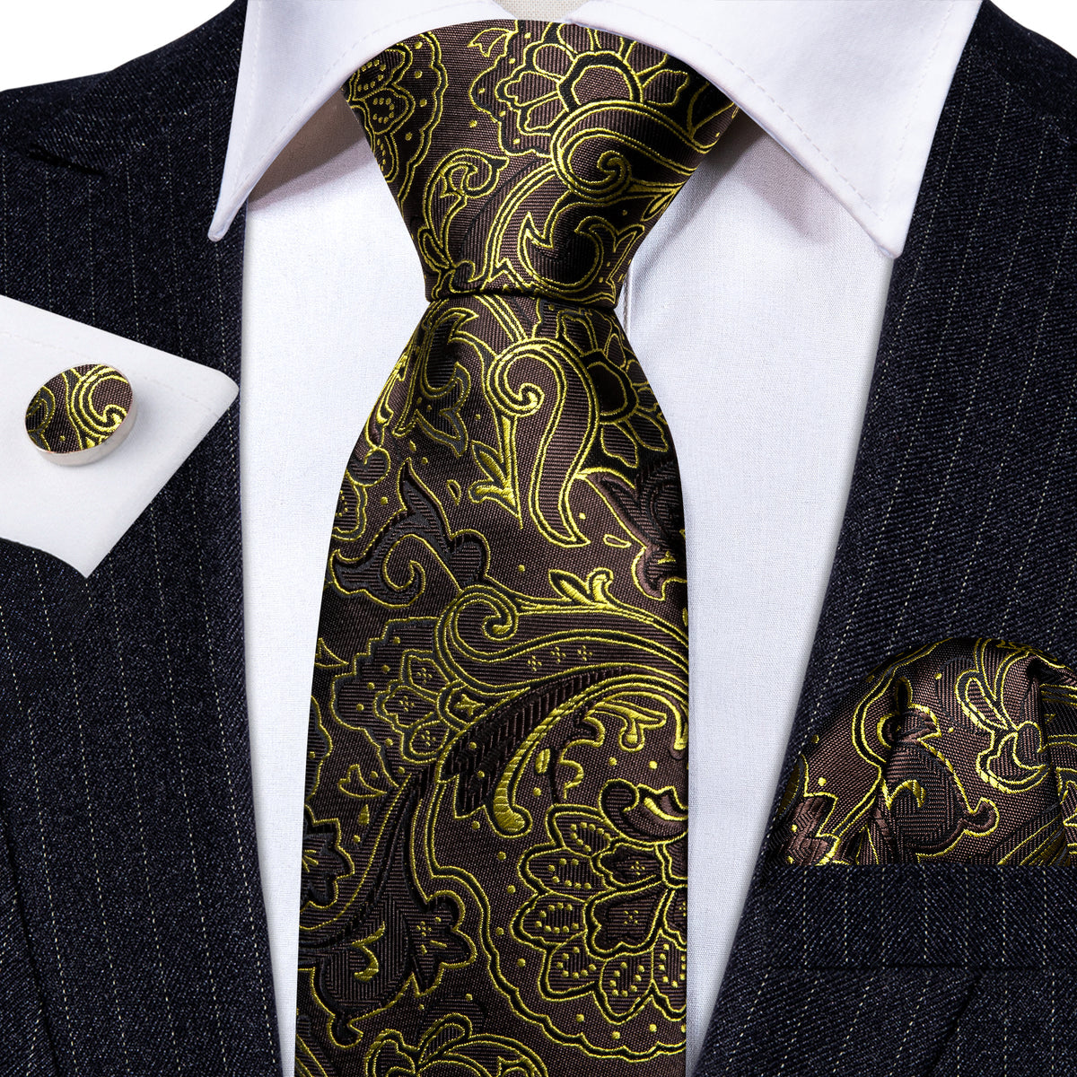 Brown Gold Paisley Tie, Pocket Square and Cufflinks Set tie sets - Sophisticated Gentlemen