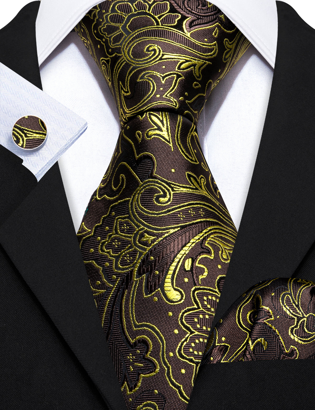Brown Gold Paisley Tie, Pocket Square and Cufflinks Set tie sets - Sophisticated Gentlemen