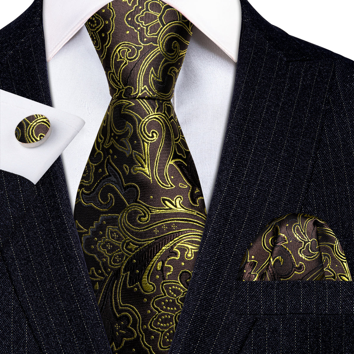 Brown Gold Paisley Tie, Pocket Square and Cufflinks Set tie sets - Sophisticated Gentlemen