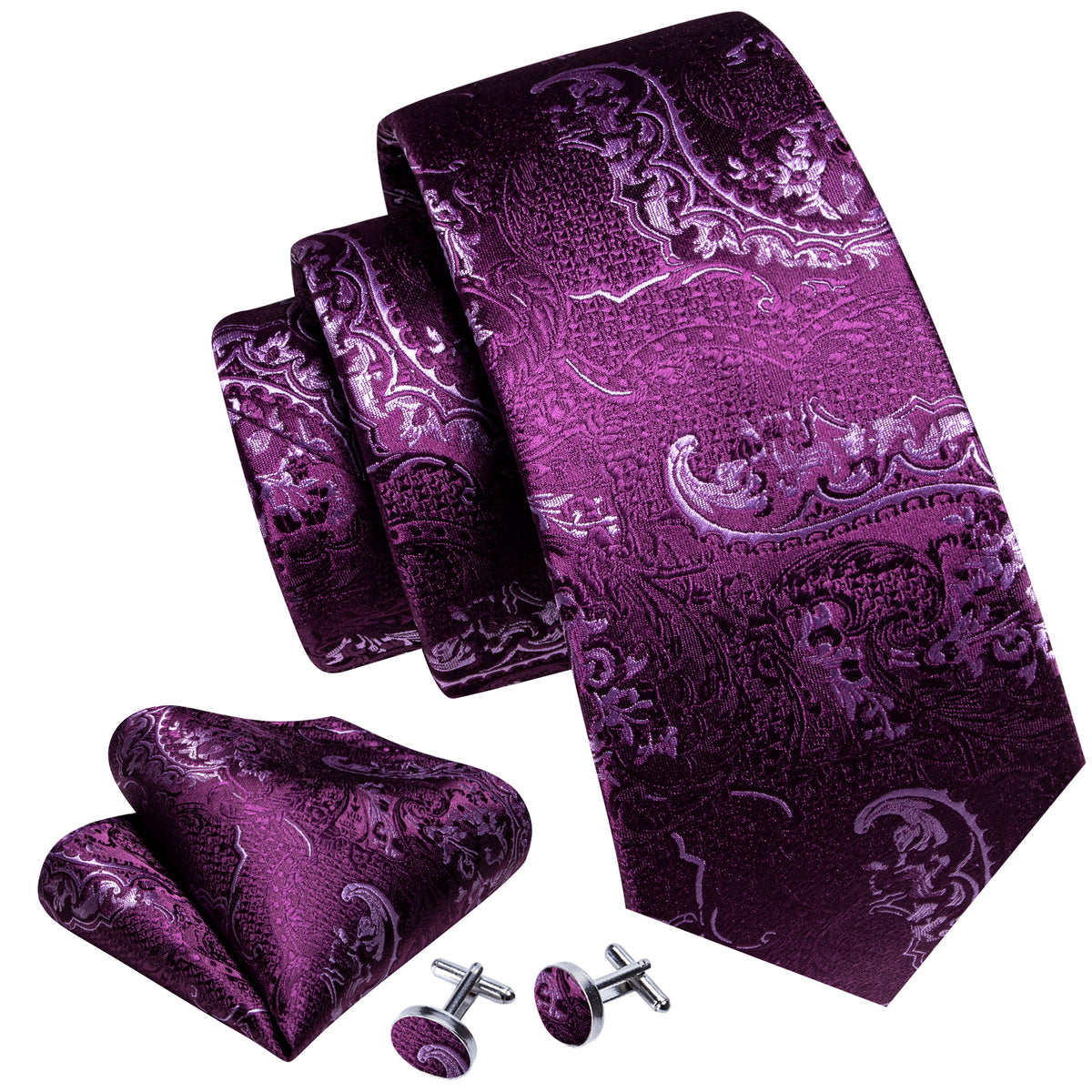 Purple Luxury Paisley Silk Tie, Pocket Square and Cufflinks Set tie sets - Sophisticated Gentlemen