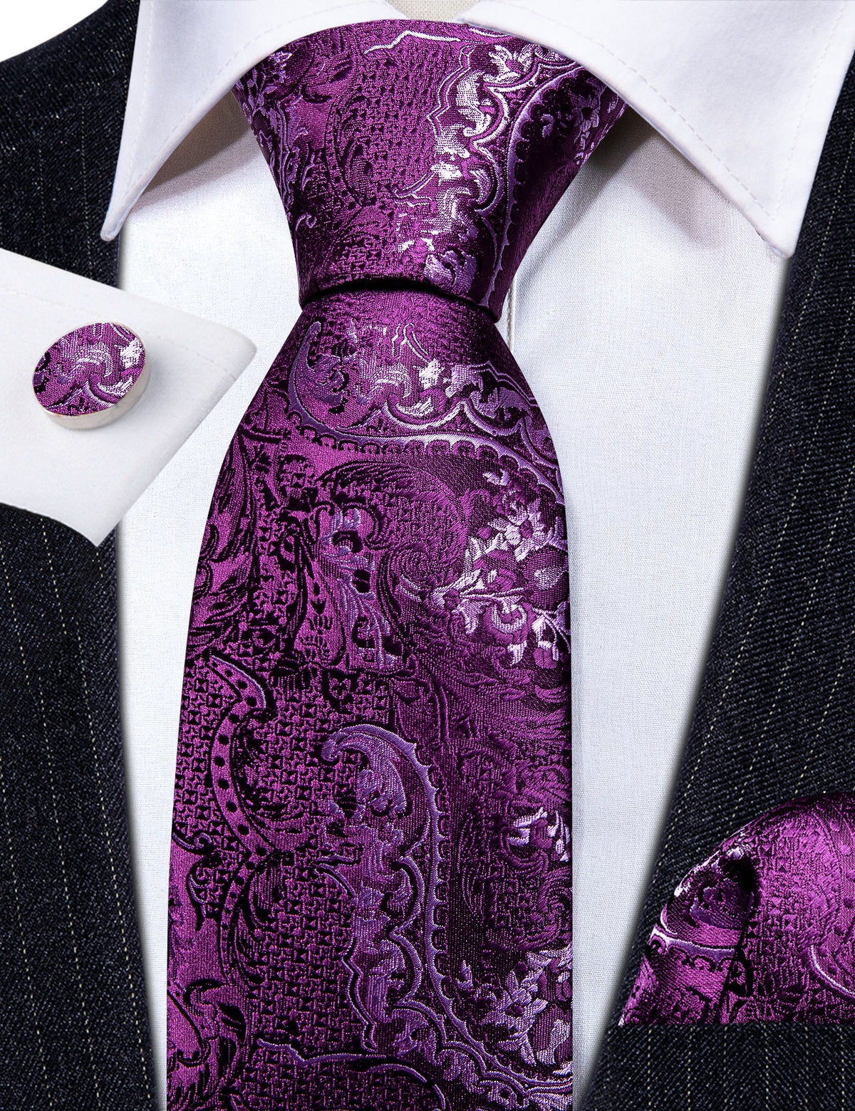 Purple Luxury Paisley Silk Tie, Pocket Square and Cufflinks Set tie sets - Sophisticated Gentlemen
