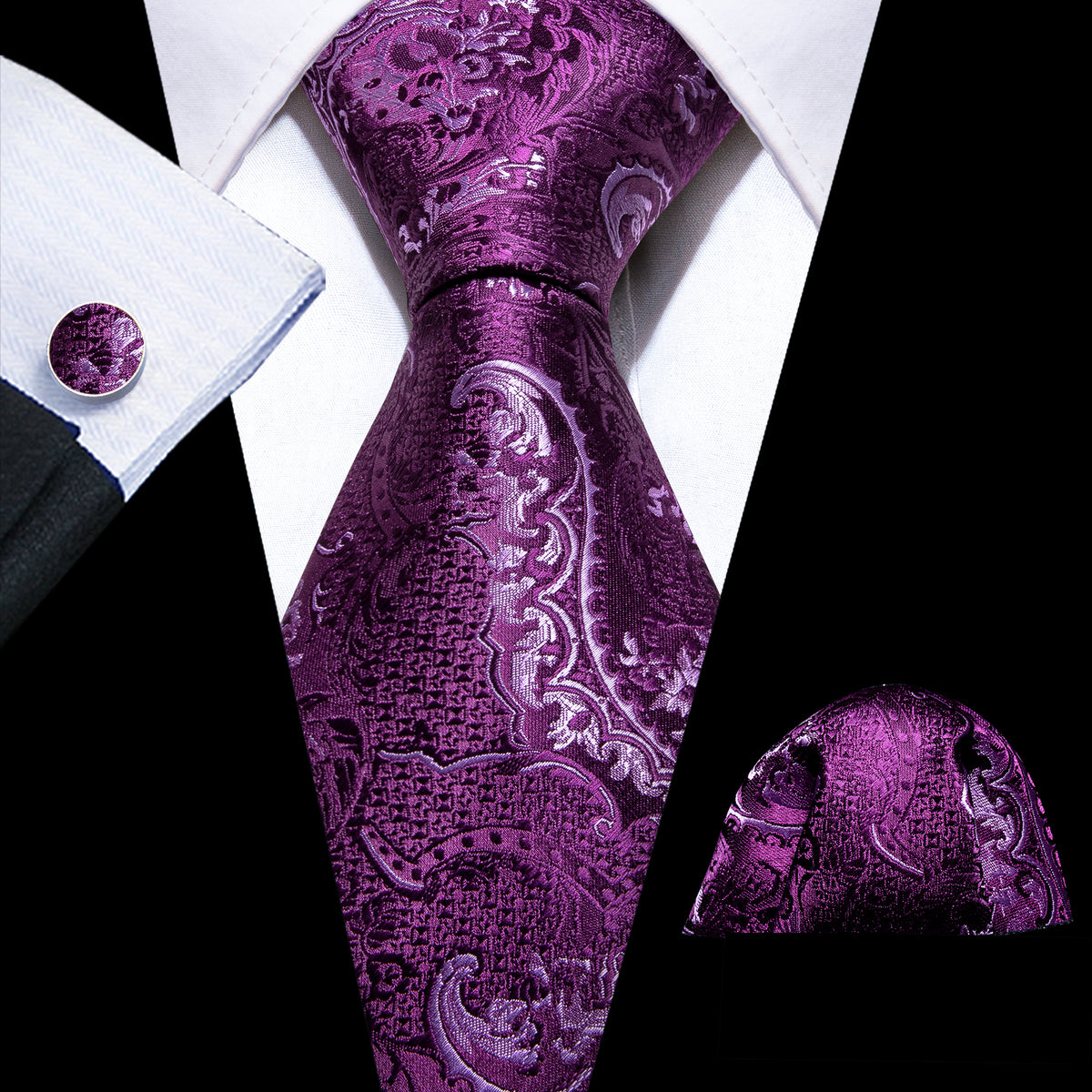 Purple Luxury Paisley Silk Tie, Pocket Square and Cufflinks Set tie sets - Sophisticated Gentlemen