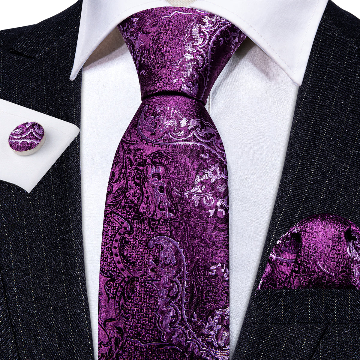 Purple Luxury Paisley Silk Tie, Pocket Square and Cufflinks Set tie sets - Sophisticated Gentlemen