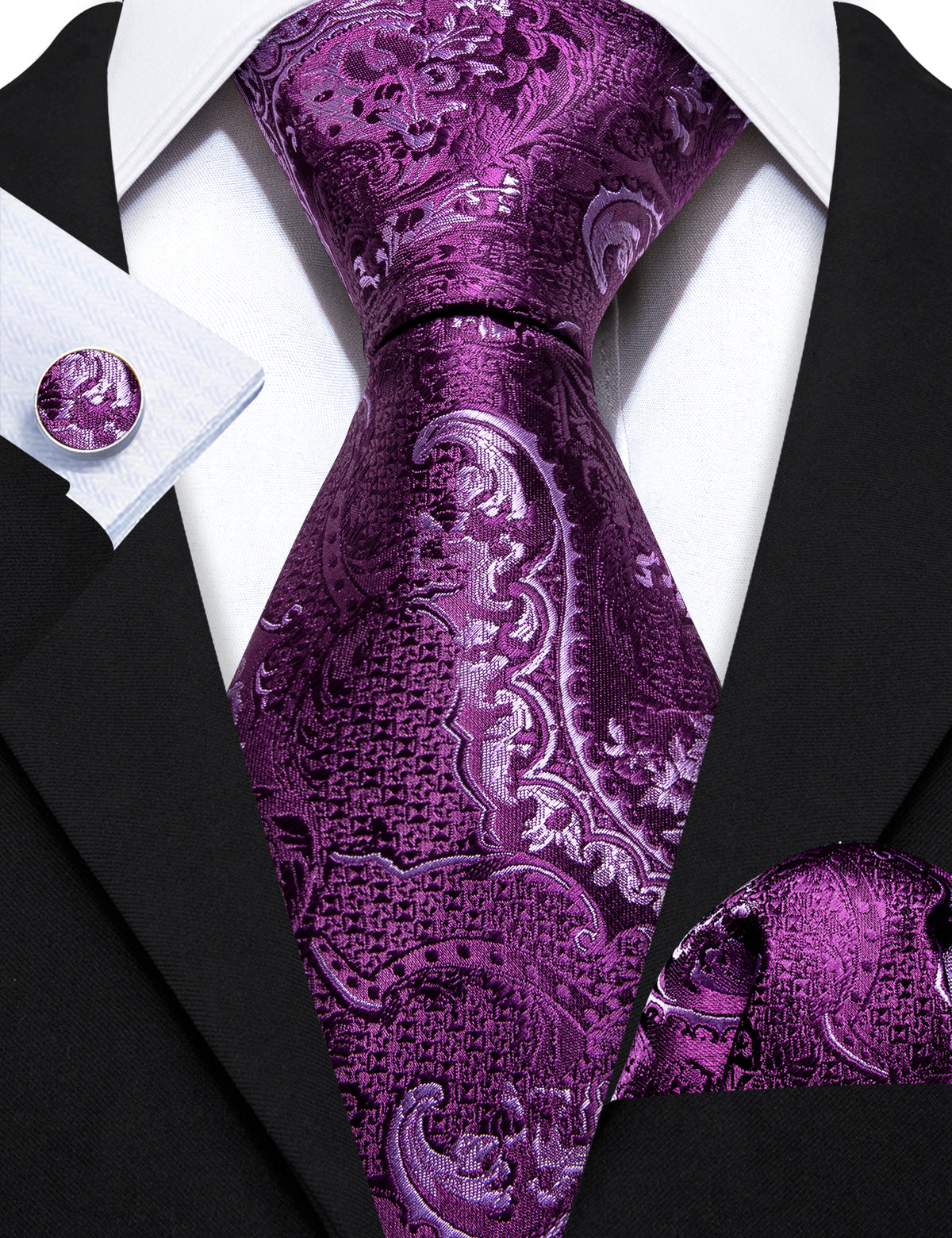 Purple Luxury Paisley Silk Tie, Pocket Square and Cufflinks Set tie sets - Sophisticated Gentlemen