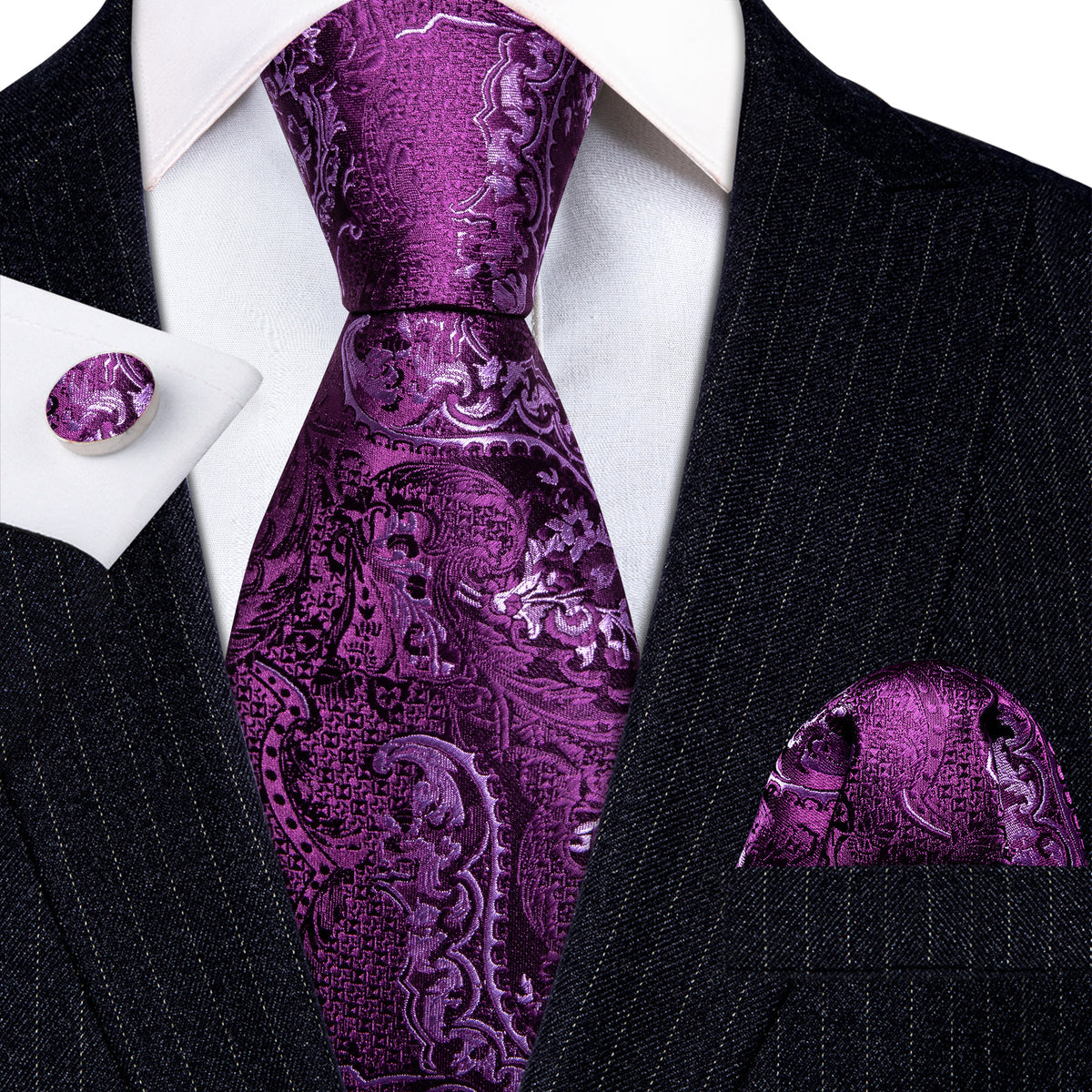 Purple Luxury Paisley Silk Tie, Pocket Square and Cufflinks Set tie sets - Sophisticated Gentlemen