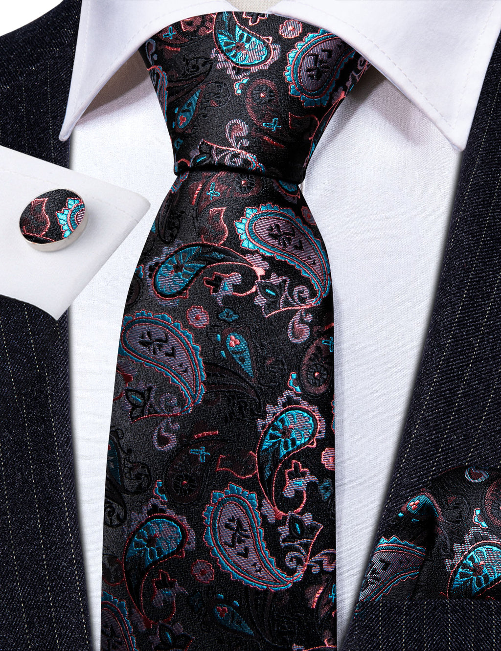 Black White Paisley Silk Tie, Pocket Square and Cufflinks Set tie sets - Sophisticated Gentlemen
