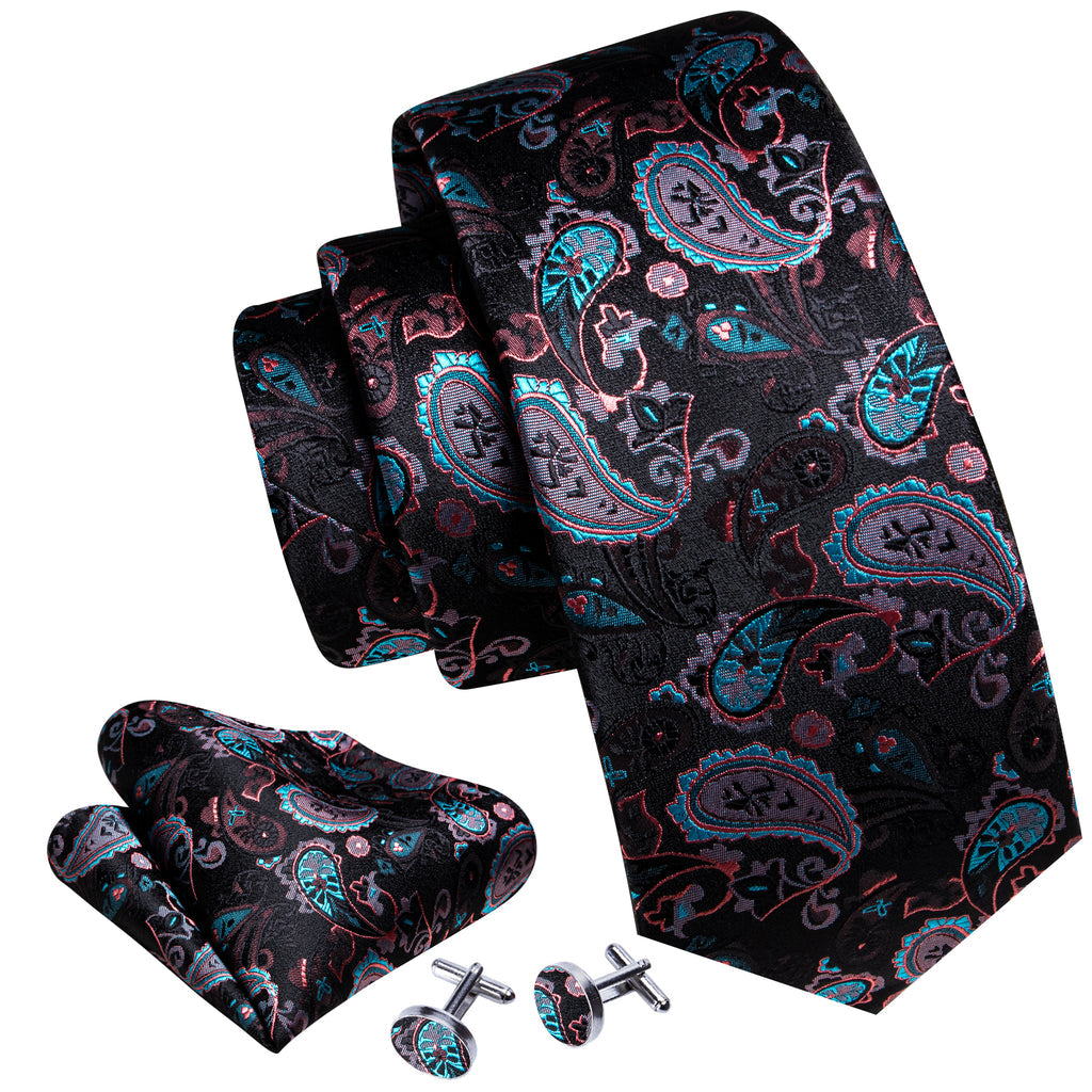 Black White Paisley Silk Tie, Pocket Square and Cufflinks Set tie sets - Sophisticated Gentlemen