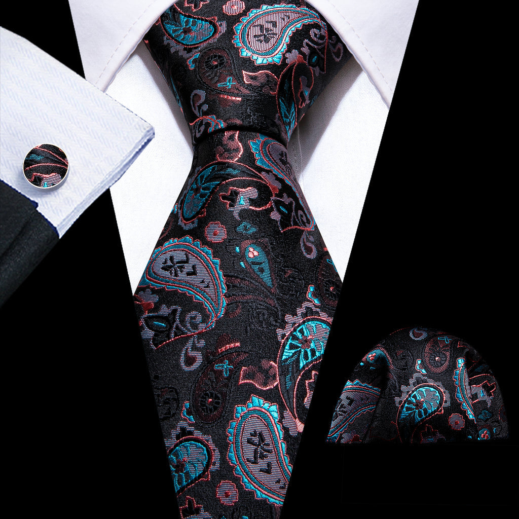 Black White Paisley Silk Tie, Pocket Square and Cufflinks Set tie sets - Sophisticated Gentlemen