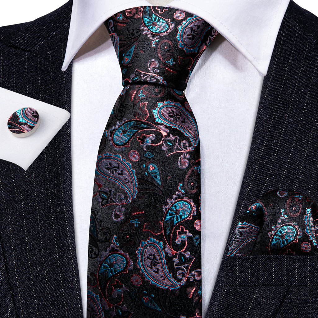 Black White Paisley Silk Tie, Pocket Square and Cufflinks Set tie sets - Sophisticated Gentlemen