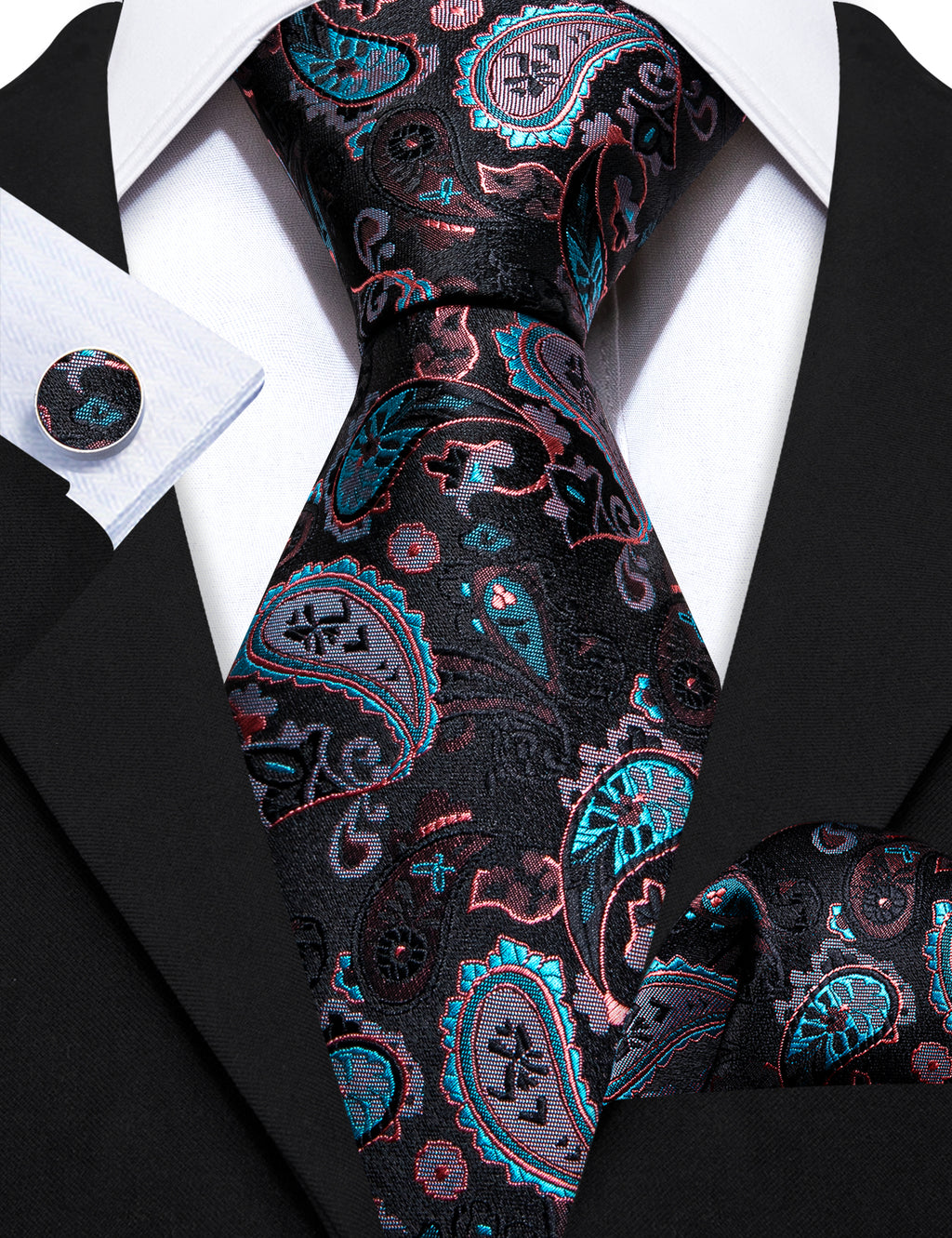 Black White Paisley Silk Tie, Pocket Square and Cufflinks Set tie sets - Sophisticated Gentlemen