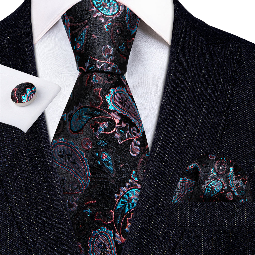 Black White Paisley Silk Tie, Pocket Square and Cufflinks Set tie sets - Sophisticated Gentlemen