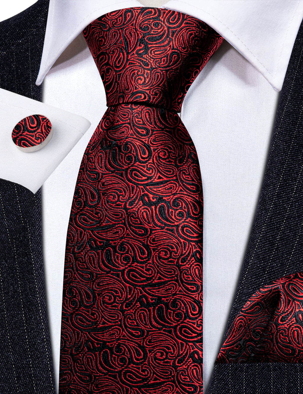 Maroon Black Paisley Silk Tie, Pocket Square and Cufflinks Set tie sets - Sophisticated Gentlemen